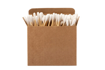 Cotton buds in eco kraft packaging isolated on white background. Cotton swab on a white background. Sticks for hygiene of the nose and ears. Bamboo cotton buds. Eco friendly.