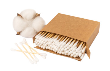 Cotton buds in eco kraft packaging isolated on white background. Cotton swab on a white background. Sticks for hygiene of the nose and ears. Bamboo cotton buds. Eco friendly.