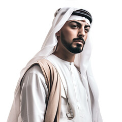 Young handsome Emirati business man in UAE traditional outfit showing a variety of hand gesture. Arabic ambitious mature businessman. Generative AI