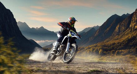 Man, professional motorcyclist in full moto equipment riding crops enduro bike on mountain road at sunset. 3D render background. Concept of motosport, speed, hobby, journey, activity - obrazy, fototapety, plakaty