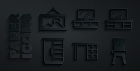Set Office desk, TV table stand, Wardrobe, Chair, and Picture icon. Vector