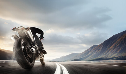 Back bottom view image of man, professional motorbike rider on road, riding with high speed around...