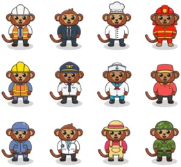 Meubelstickers Robot Vector set of cute Monkey with different professions. Cartoon cute Monkey dressed in different occupation uniform. Vector characters with jobs different occupation.