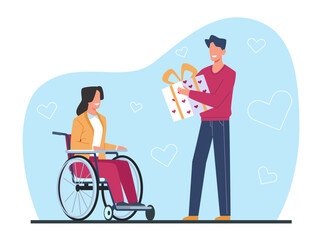 Young man gives gift to woman in wheelchair. Disabled people celebrate birthday party, volunteer boy congratulate girl with surprise present. Cartoon flat style isolated vector concept