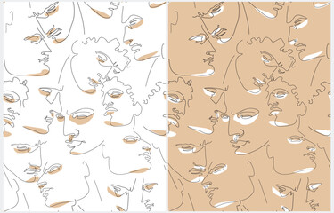 Obraz premium Line Art Seamless Vector Pattern with Men made of Black Line and Brown Stains isolated on a White Background. Continuous Line Minimalist Portraits of Gay Couples. Modern Repeatable Romantic Print.