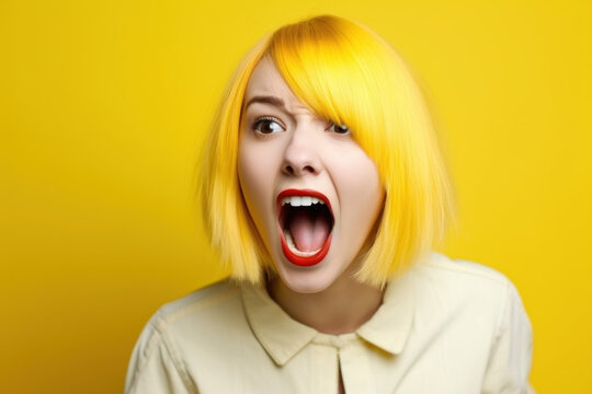  Yellow hair girl angry and mad screaming frustrated and furious, shouting with anger, rage and aggressive. Generative AI.