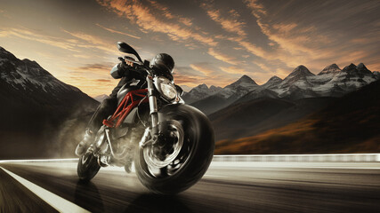 Bottom view image of man, professional motorbike rider on road, riding with high speed around mountains on sunset. 3D render background. Concept of motosport, speed, hobby, journey, activity - obrazy, fototapety, plakaty