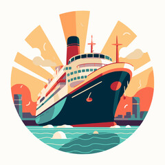 Simple cruise ship at port; sunset style - obrazy, fototapety, plakaty