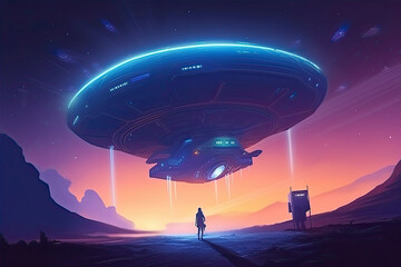 Sci-fi scene showing the spaceship abducting human at the night, digital art style, illustration painting