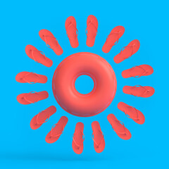 Colorful inflatable ring and flip flops like sun on monochrome background
