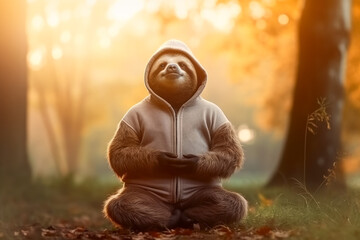 Sloth like a man practicing yoga in the city park at sunrise. Sits in lotus pose. Generative AI