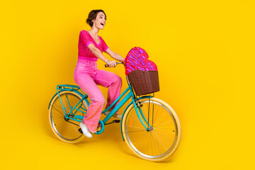 Full body photo of youth funny girl riding retro bicycle basket with valentine day postcard have fun summertime isolated on yellow color background