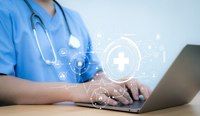 A medical worker holding medical cross shape digital healthcare network connection with analysis and network connectivity on a modern interface. medical technology and futuristic concept