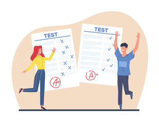 Young smiling girl student and boy are happy with high results of exam. Smart man and woman rejoice in success on test at university or college cartoon flat style isolated vector concept