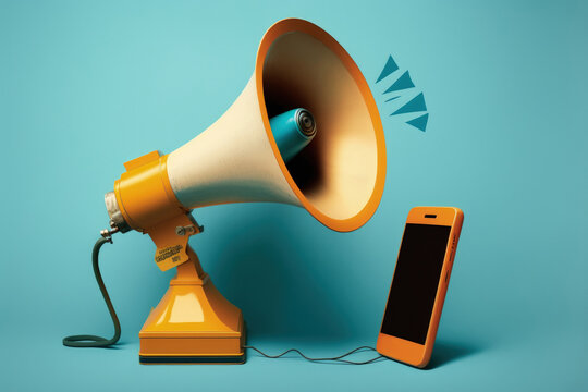 Cell phone and megaphone, Marketing and advertisement concept, blue background, Generative AI
