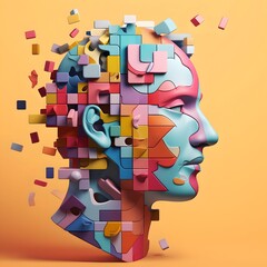 Puzzle concept with a person's head. Style of bright color blocks. Generative AI.