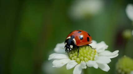 Obraz premium Macro closeup photography of beauty beautiful black and red ladybug sits on camomile flower, in summer / springtime, at garden, isolated on blurred background. Generative AI