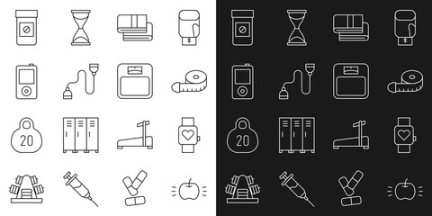 Set line Apple, Smart watch, Tape measure, Towel stack, Chest expander, Music player, Anabolic drugs and Bathroom scales icon. Vector