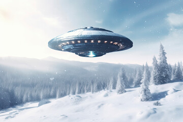 Fototapeta na wymiar UFO, alien saucer hovering over the winter landscape in the sky. Unidentified flying object