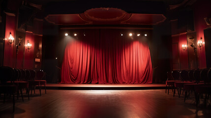 A stage with a red curtain and chairs. Generative AI.