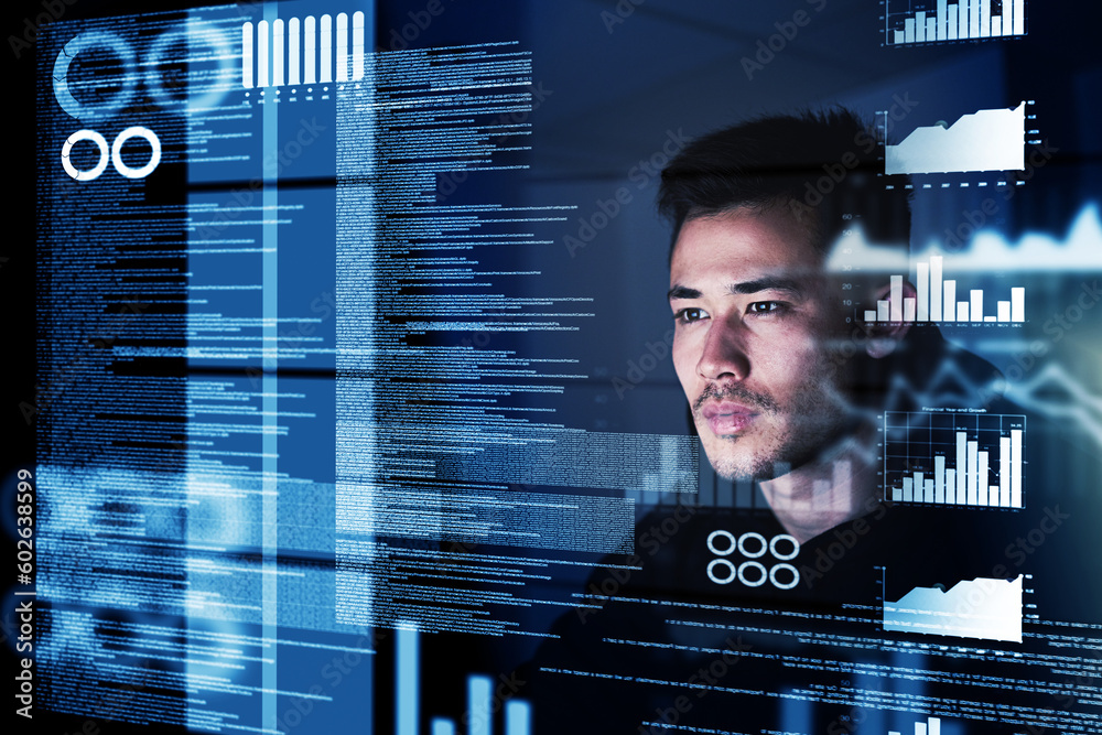 Poster computer, programmer and man with focus, hologram and night with cyber security, digital and softwar