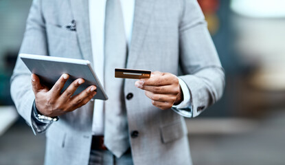 Man hands, tablet and credit card for online shopping, ecommerce and fintech application, loan or finance. Business person typing, website banking and digital tech payment or easy, office transaction