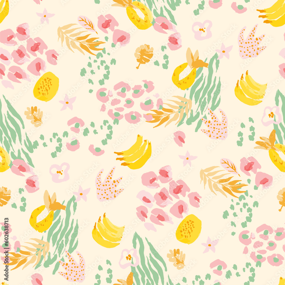 Wall mural Bright, juicy seamless pattern of abstract shapes, fruits, citrus lemons, oranges and anans. Bright modern colors of tropical background.