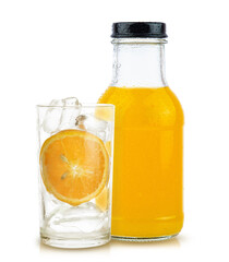 orange fruit and orange juice in bottle white glass and ice isolated on white background