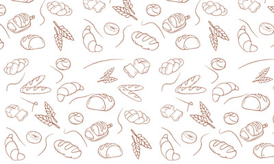Bakery products doodle beige seamless pattern. Vector background included line icons as - pretzel, croissant, bagel, donut, challah, baguette, cinnamon roll. Wallpaper for bread and confectionery