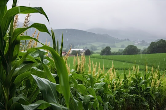 a rainy summer day idyllic agricultural countryside with luscious corn fields in a stunning green valley