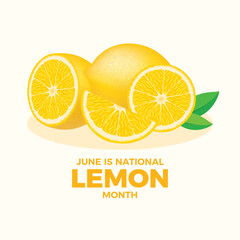 June is National Lemon Month vector illustration. Pile of fresh juicy lemon citrus fruit icon set vector. Whole, half, slice lemon fruit vector. Vitamin C food sources design element