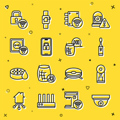 Set line Motion sensor, Smart coffee machine, Electric toothbrush, Digital door lock, electrical outlet, and Voice assistant icon. Vector