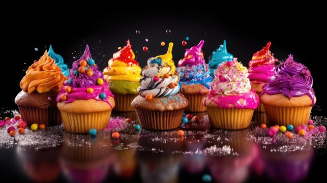 Colorful tasty birthday cupcakes. Generative AI