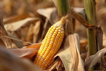 Ripe corn on the cob in the field, close-up