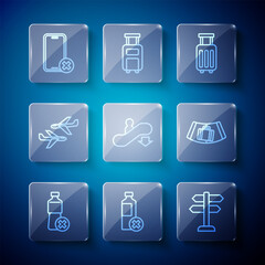 Set line No water bottle, Road traffic sign, Suitcase, Escalator down, Plane, cell phone and Conveyor belt with suitcase icon. Vector