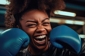 Happy Black Female Boxer: Close-up portrait of a laughing African American woman wearing blue boxing gloves and a leather jacket. Generative AI - obrazy, fototapety, plakaty