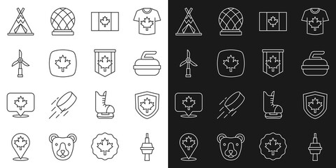 Set line TV CN Tower in Toronto, Canada flag shield, Stone for curling, Flag of, Canadian maple leaf, Wind turbine, Indian teepee wigwam and Pennant icon. Vector © Kostiantyn