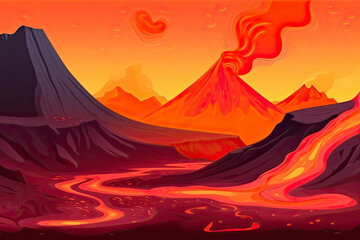 Volcanic eruption illustration. Hot molten lava landscape
