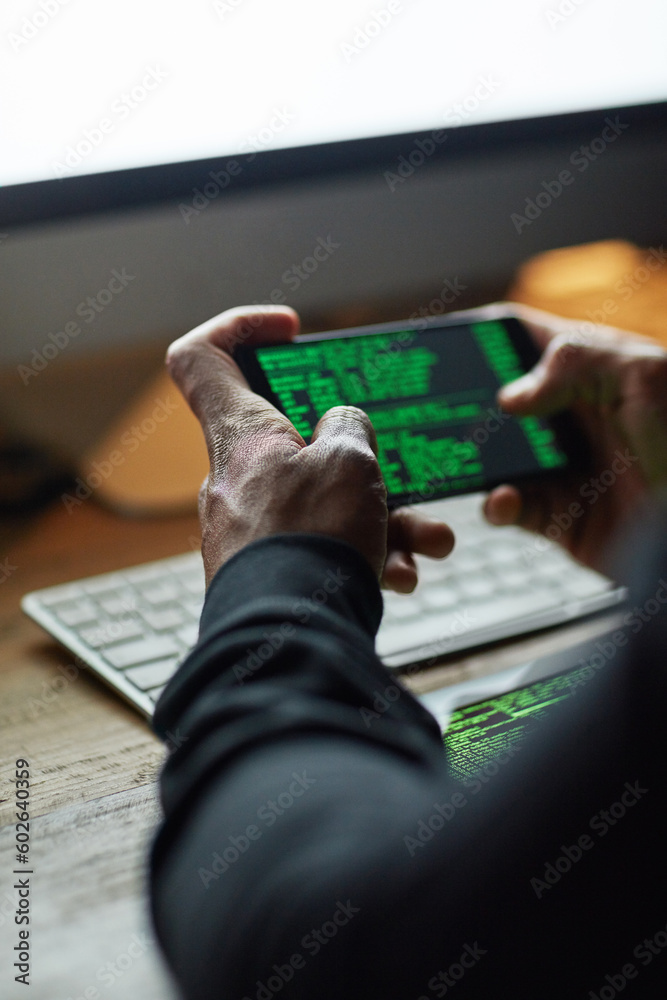 Poster Coding, phone screen and man hands for software data, crack password and hacking internet for cybersecurity crime. Cyber fraud, virus or system code of user, person or hacker programming mobile app
