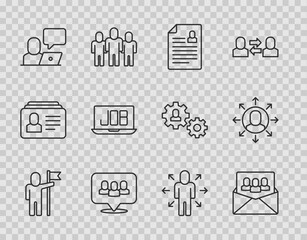 Set line Man holding flag, Project team base, Resume, Freelancer, Search job, Multitasking manager working and icon. Vector