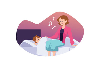 Mom sings lullaby to baby before going to bed flat vector illustration isolated.