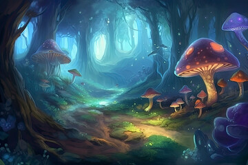 Fototapeta na wymiar Watercolor and oil fantasy forest landscape, magic trees, mushrooms, glowing