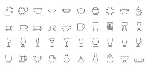 Glassware line icons set. Glass crockery - mug, wineglass, highball, teapot, plate, french press, sauceboat, vase, bowl, jar vector illustration. Outline signs of kitchen utensil. Editable Stroke - 602640761