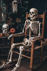 Fototapeta na wymiar A skeleton sitting in a rocking chair in a room. AI generative.