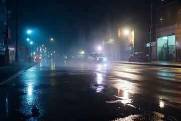 Fototapeta na wymiar Wet asphalt, reflection of neon lights, a searchlight, smoke. Abstract light in a dark empty street with smoke