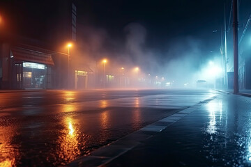 Wet asphalt, reflection of neon lights, a searchlight, smoke. Abstract light in a dark empty street with smoke