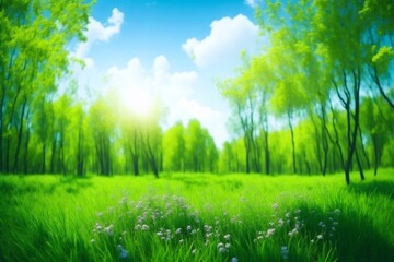 Fototapeta na wymiar Beautiful blurred spring background nature with blooming glade, trees and blue sky on a sunny day.