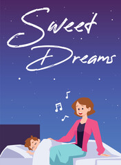 Mother singing lullaby to sleeping child, poster template - flat vector illustration.