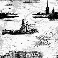 Vector seamless pattern: historical buildings of russian city Saint Petersburg. Monochrome design with architecture. For textile, fabric,  wallpaper, wrapping paper.