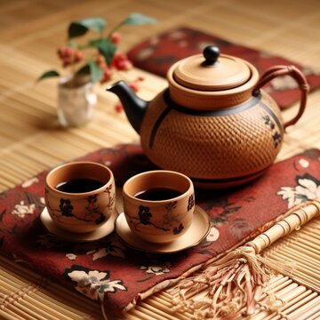 Japanese Tea Set: Bamboo Background. Generative AI